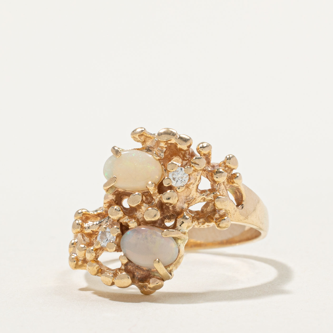 10k Two Stone Opal & Diamond Nuggety Abstract Bypass Ring | 0.60ctw, 0.06ctw | SZ 8.5