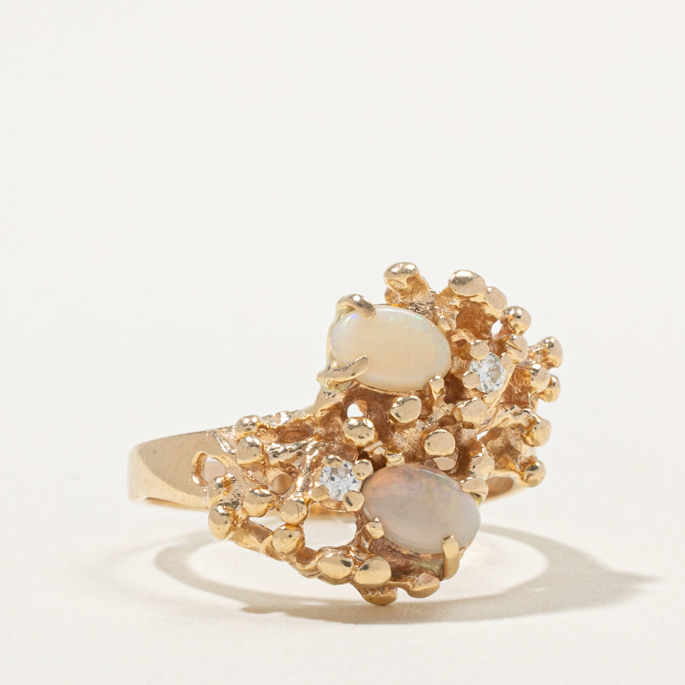 10k Two Stone Opal & Diamond Nuggety Abstract Bypass Ring | 0.60ctw, 0.06ctw | SZ 8.5