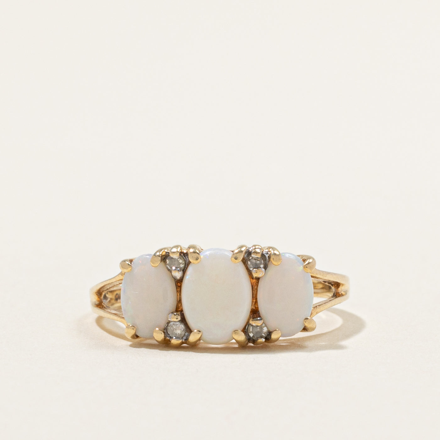 10k Three Stone Opal & Diamond Accented Ring | 1.00ctw, 0.04ctw | SZ 6