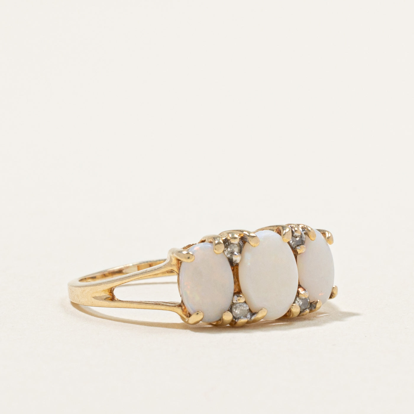 10k Three Stone Opal & Diamond Accented Ring | 1.00ctw, 0.04ctw | SZ 6
