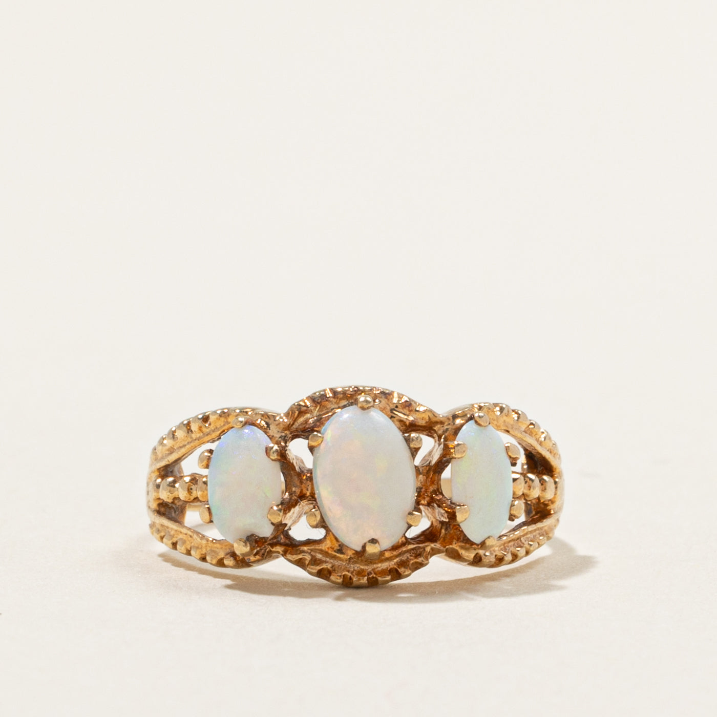 10k Three Stone Opal Openwork & Textured Ring | 0.50ctw | SZ 3.75
