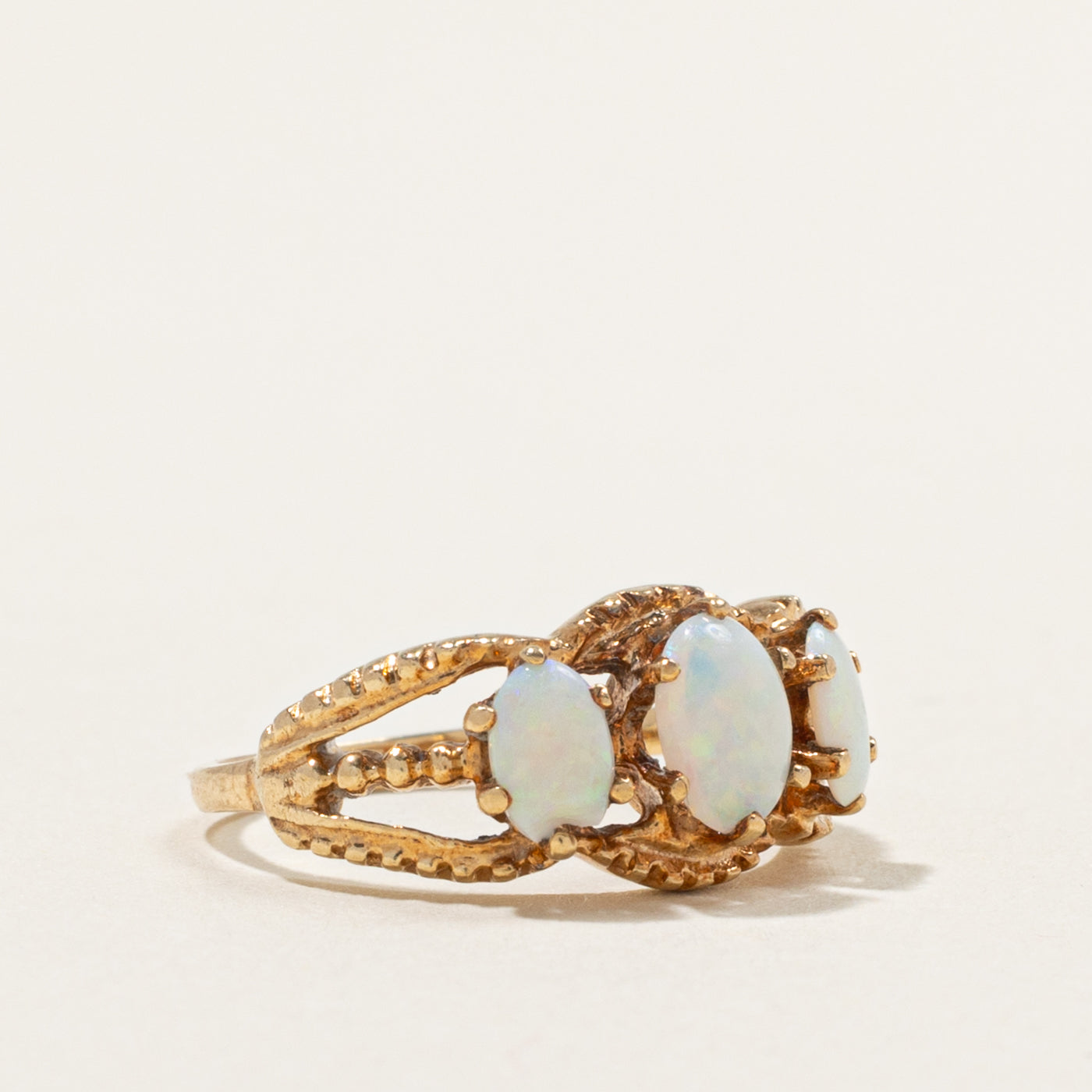 10k Three Stone Opal Openwork & Textured Ring | 0.50ctw | SZ 3.75