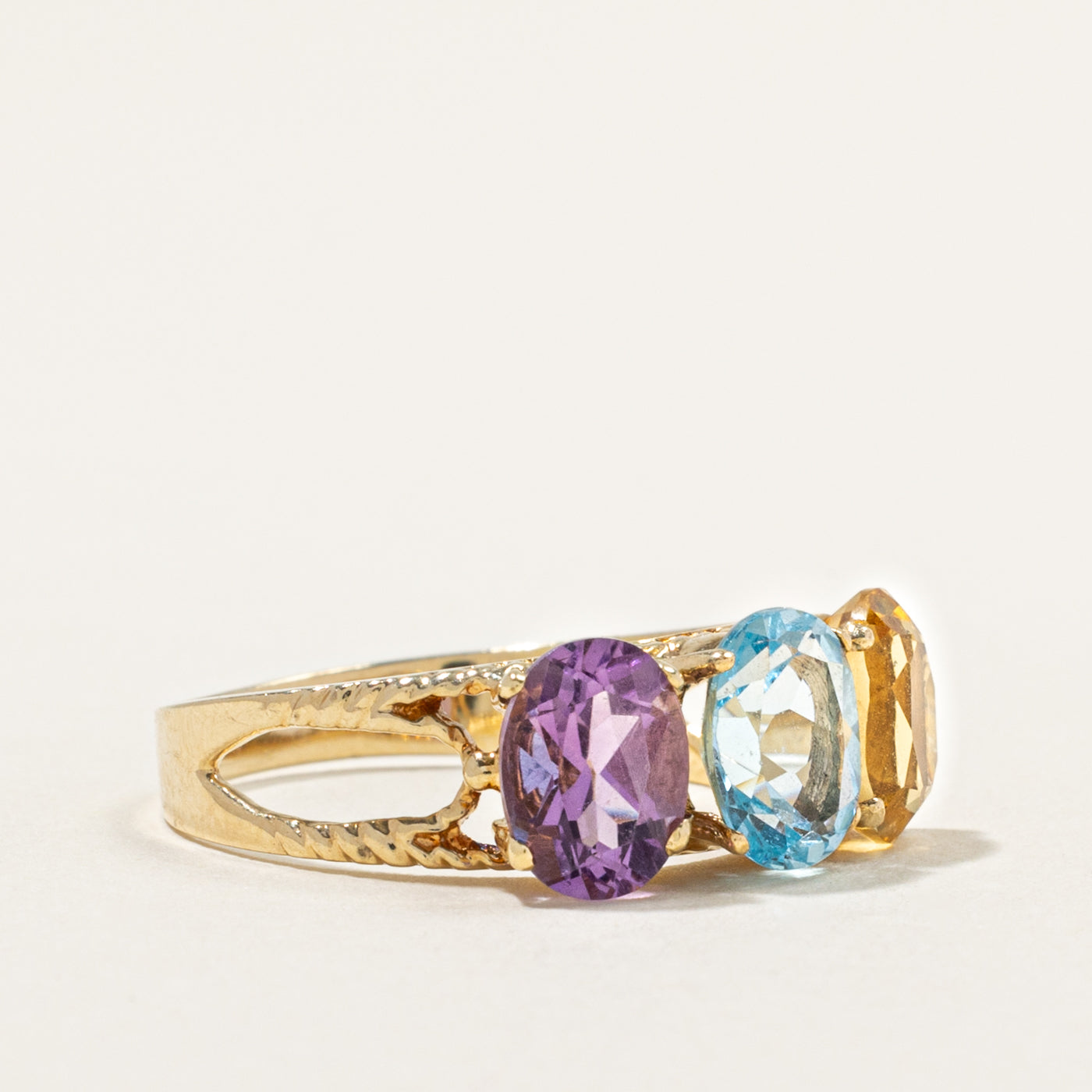 10k Three Stone Blue Topaz, Amethyst, Citrine Ring | 4.80ctw | SZ 9