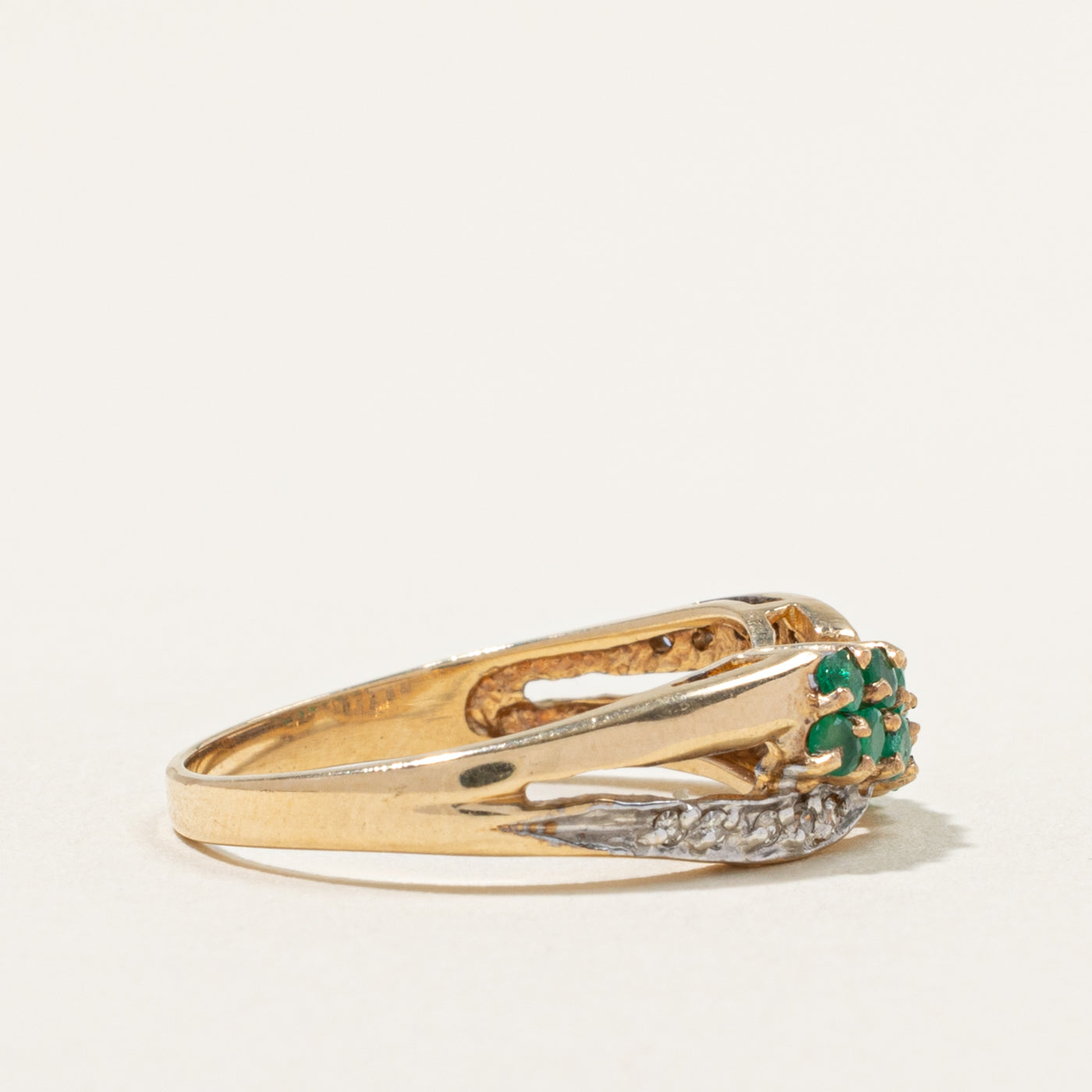 10k Multi Row Emerald & Diamond Crossover Ring | 0.36ct, 0.05ctw | SZ 6.75