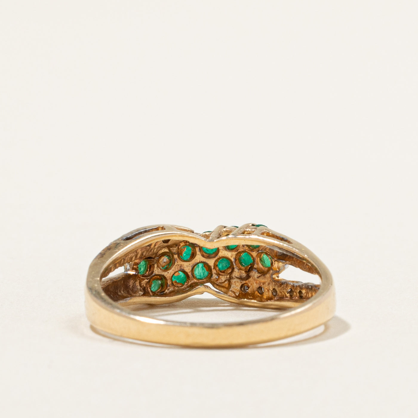 10k Multi Row Emerald & Diamond Crossover Ring | 0.36ct, 0.05ctw | SZ 6.75