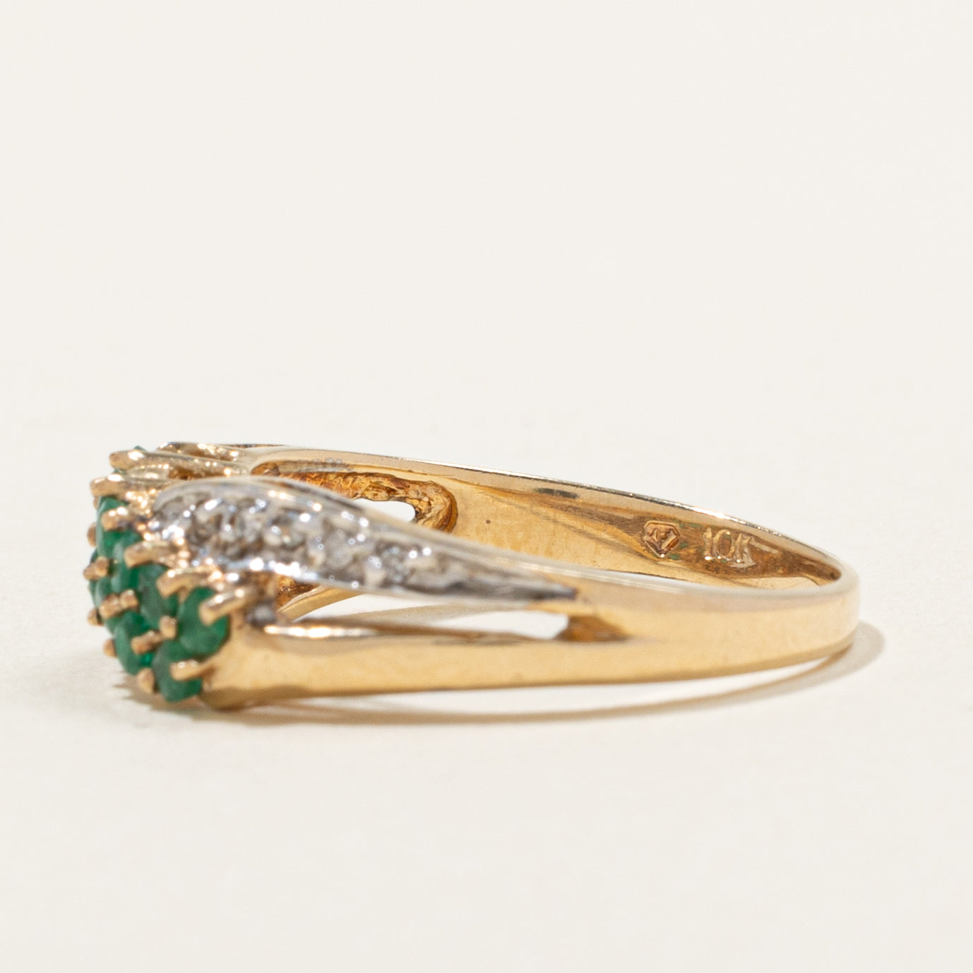 10k Multi Row Emerald & Diamond Crossover Ring | 0.36ct, 0.05ctw | SZ 6.75