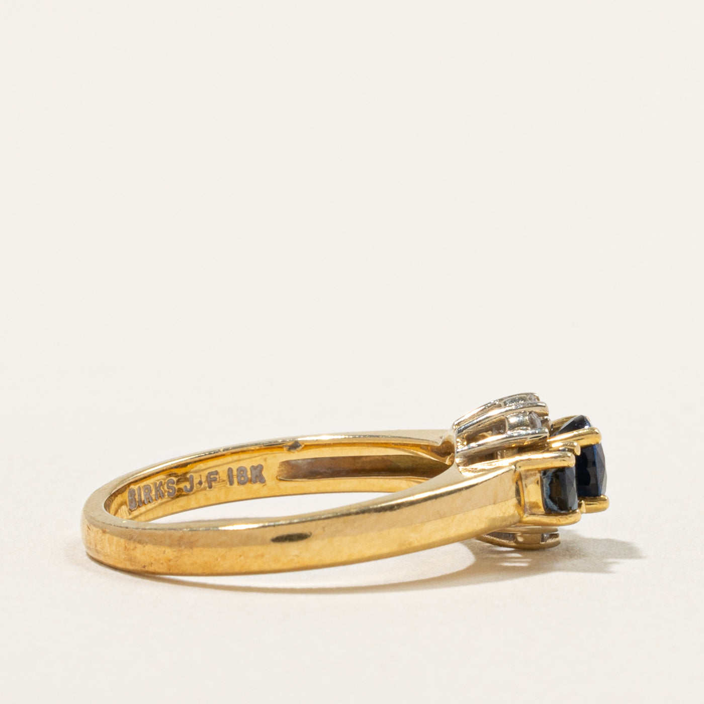 'Birks' Three Stone Sapphire & Diamond Accented Ring | 1.00ctw, 0.08ctw | SZ 6.25