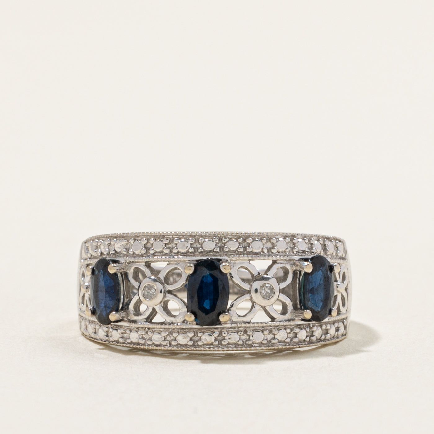 14k Three Stone Sapphire & Diamond Openwork Floral Band | 0.75ctw, 0.02ctw | 3.05mm | SZ 7