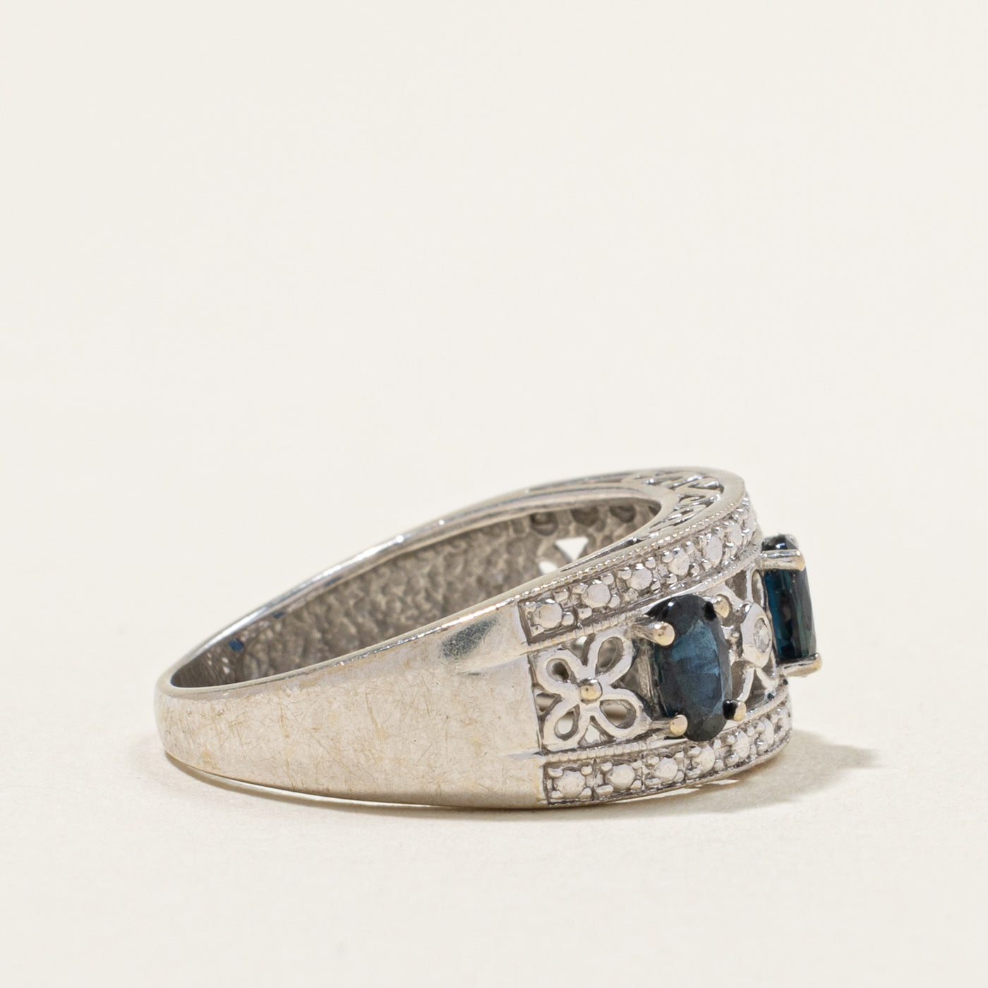 14k Three Stone Sapphire & Diamond Openwork Floral Band | 0.75ctw, 0.02ctw | 3.05mm | SZ 7