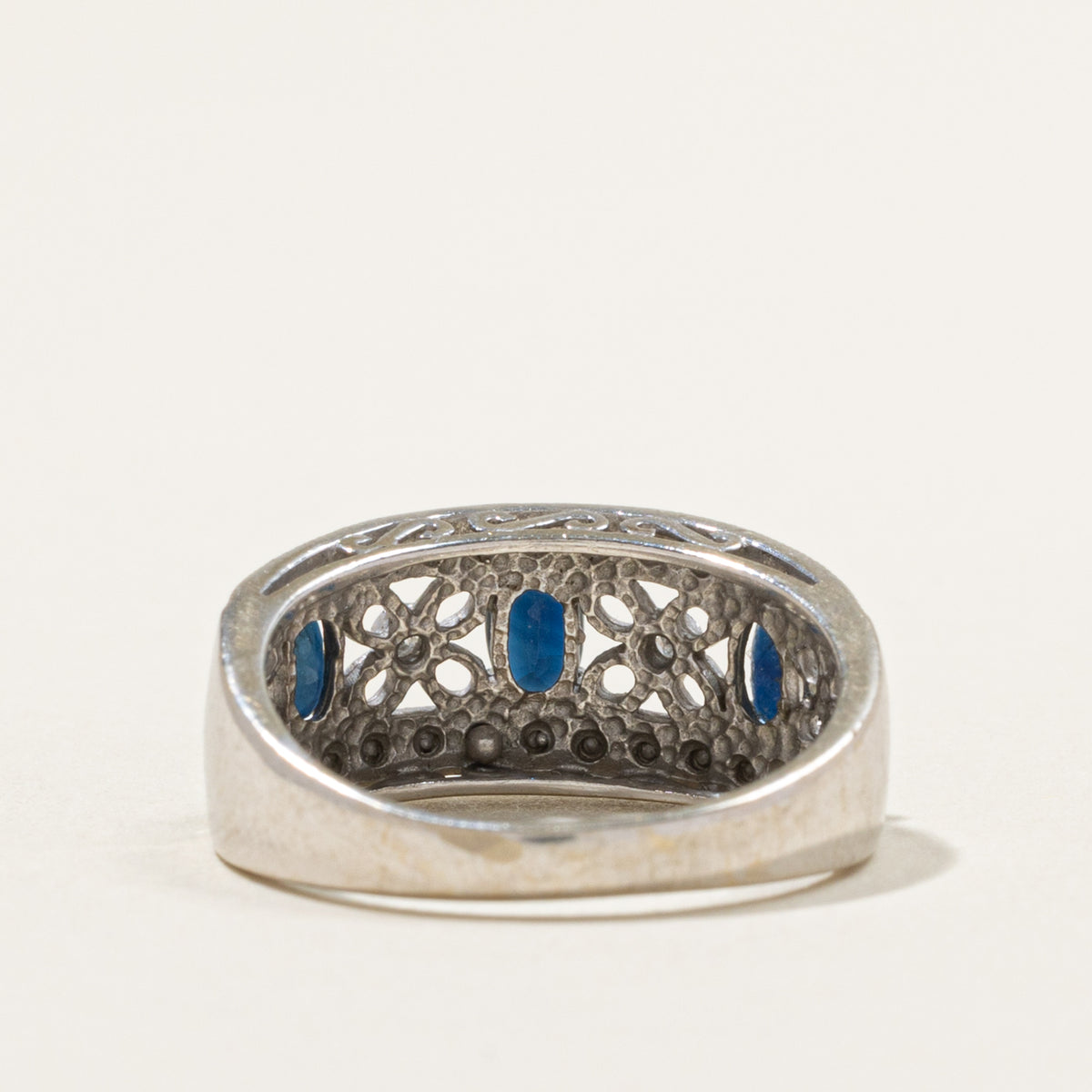 14k Three Stone Sapphire & Diamond Openwork Floral Band | 0.75ctw, 0.02ctw | 3.05mm | SZ 7