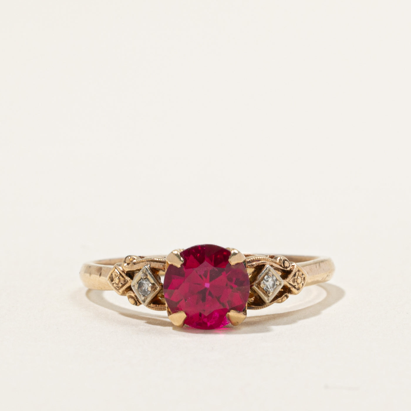 Vintage Canadian Synthetic Ruby & Diamond Geometric Ring | 1.74ct, 0.02ctw | SZ 9.5