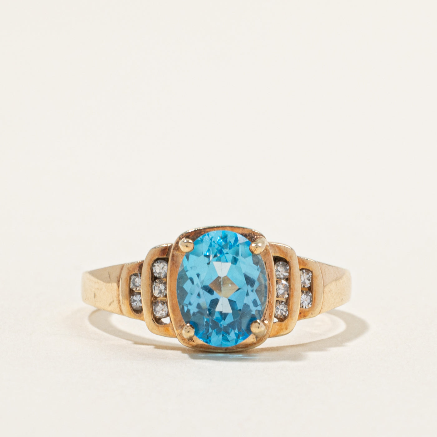 10k Blue Topaz & Channel Set Diamond Accented Ring | 2.00ct, 0.10ctw | SZ 9.5