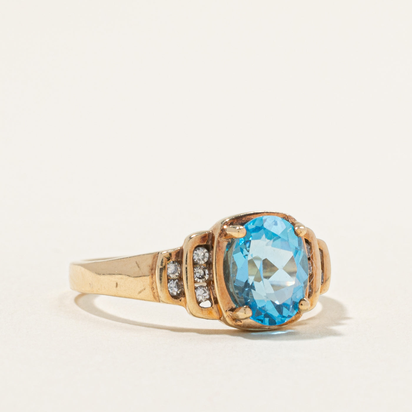 10k Blue Topaz & Channel Set Diamond Accented Ring | 2.00ct, 0.10ctw | SZ 9.5