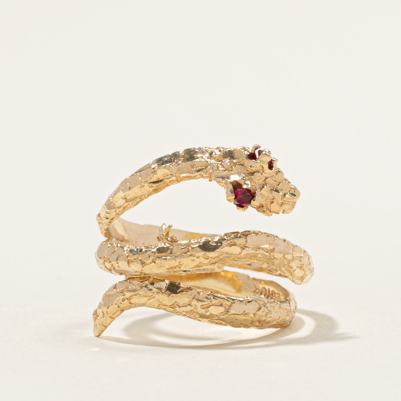 10k Synthetic Ruby Accented Textured Snake Ring | 0.06ctw | SZ 5