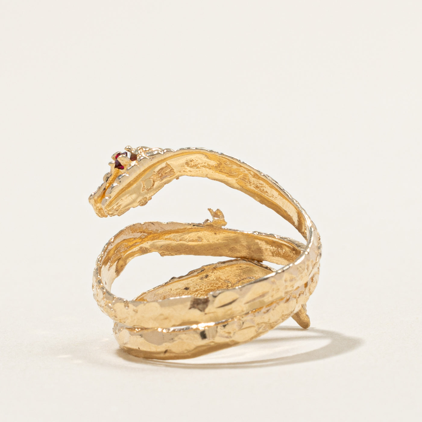 10k Synthetic Ruby Accented Textured Snake Ring | 0.06ctw | SZ 5