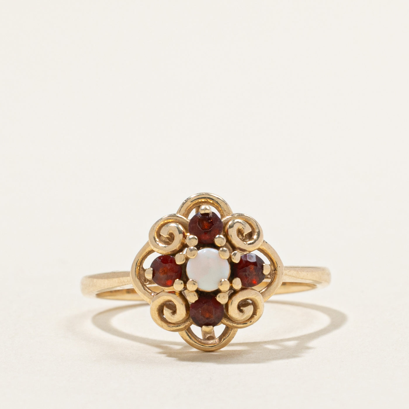 10k Opal & Garnet Cluster Scrollwork Ring | 0.25ctw | SZ 5.25