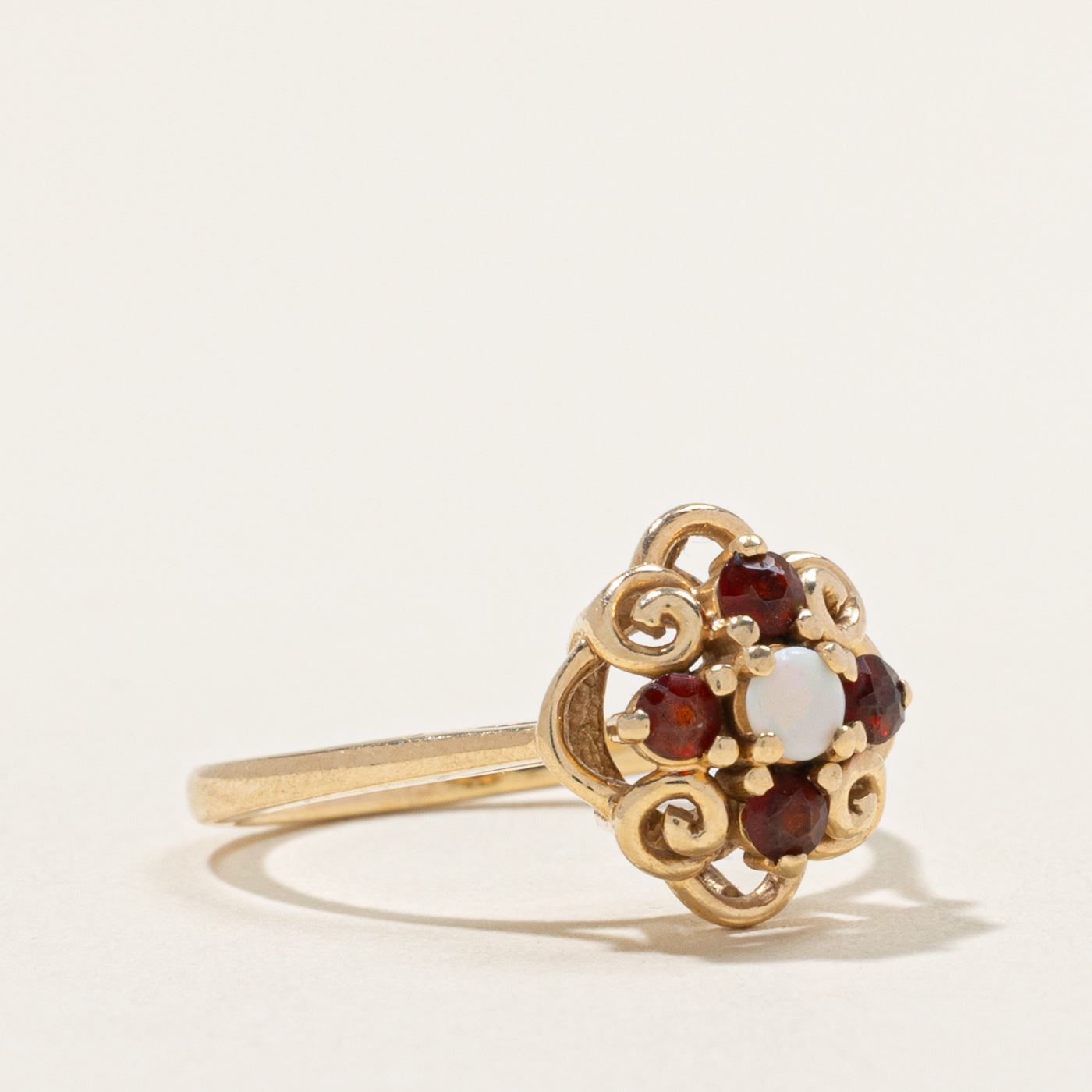 10k Opal & Garnet Cluster Scrollwork Ring | 0.25ctw | SZ 5.25
