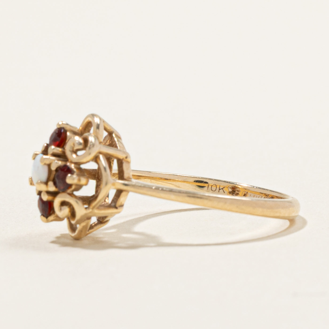 10k Opal & Garnet Cluster Scrollwork Ring | 0.25ctw | SZ 5.25