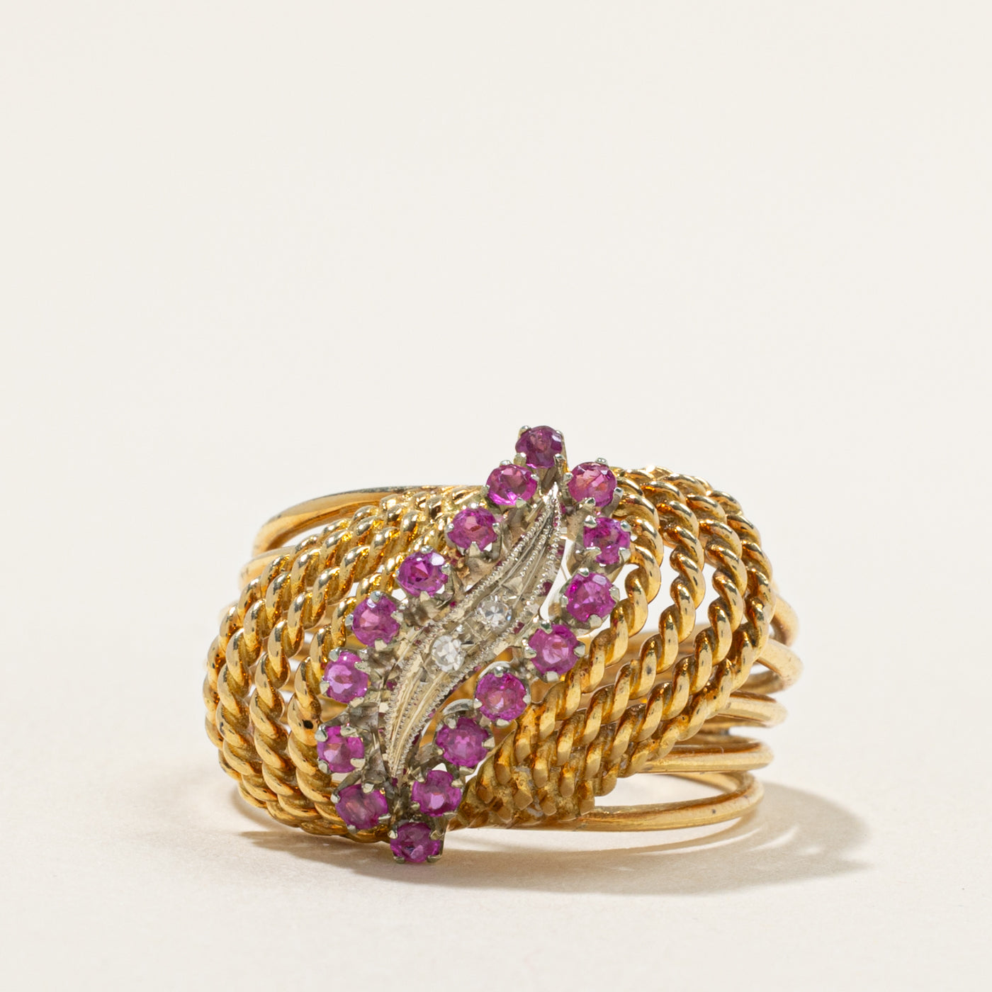 18k Ruby & Diamond Waterfall Rope Dome Ring | 0.45ct, 0.02ctw | SZ 7.5