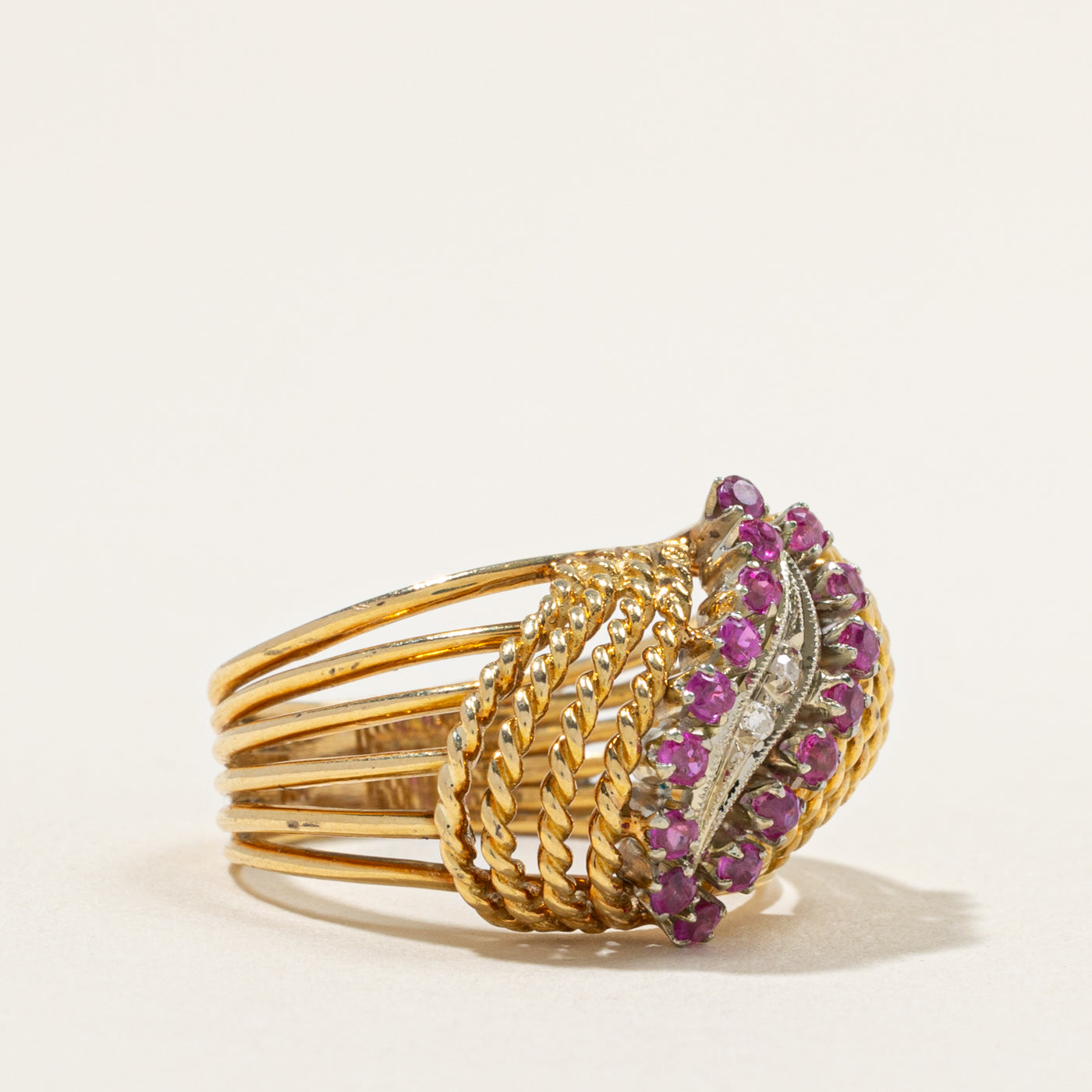 18k Ruby & Diamond Waterfall Rope Dome Ring | 0.45ct, 0.02ctw | SZ 7.5