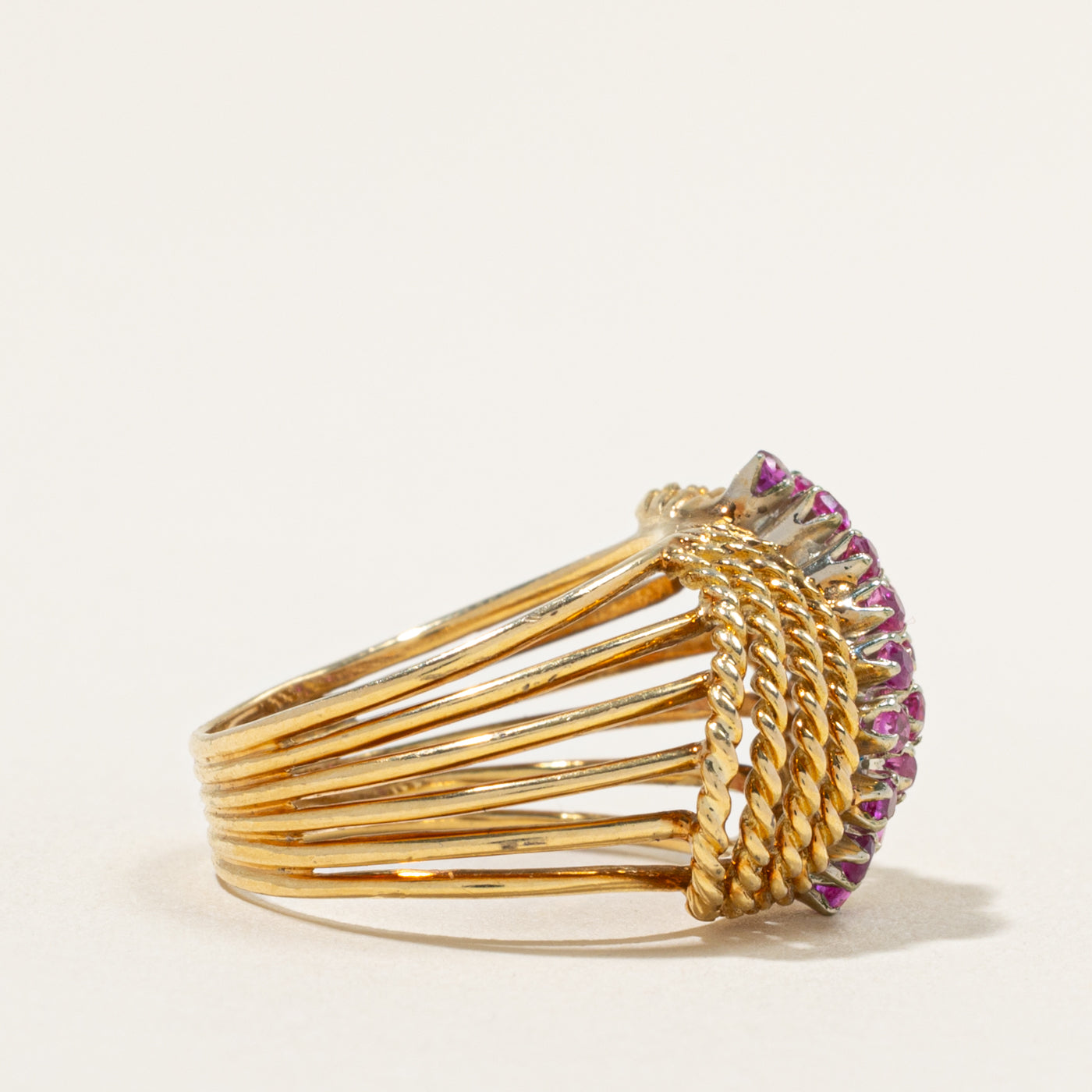 18k Ruby & Diamond Waterfall Rope Dome Ring | 0.45ct, 0.02ctw | SZ 7.5
