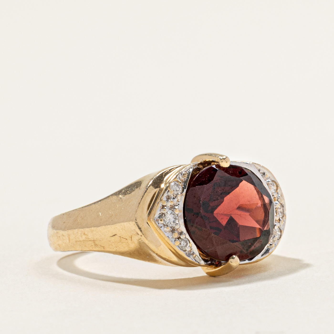 14k East West Garnet & Diamond Accented Ring | 4.50ct, 0.08ctw | SZ 7.5