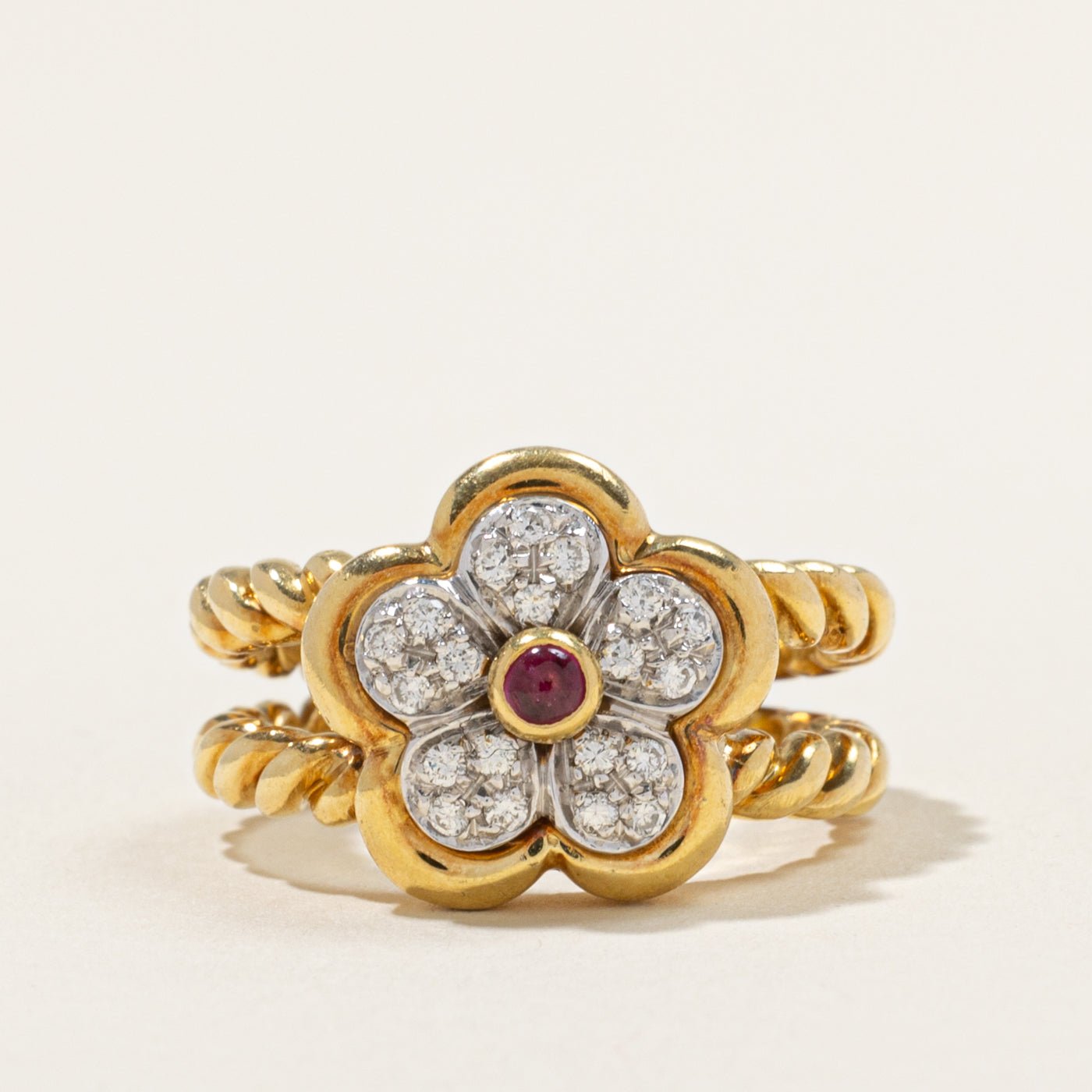 18k Ruby & Diamond Cluster Rope Flower Ring | 0.10ct, 0.20ctw | SZ 6.75