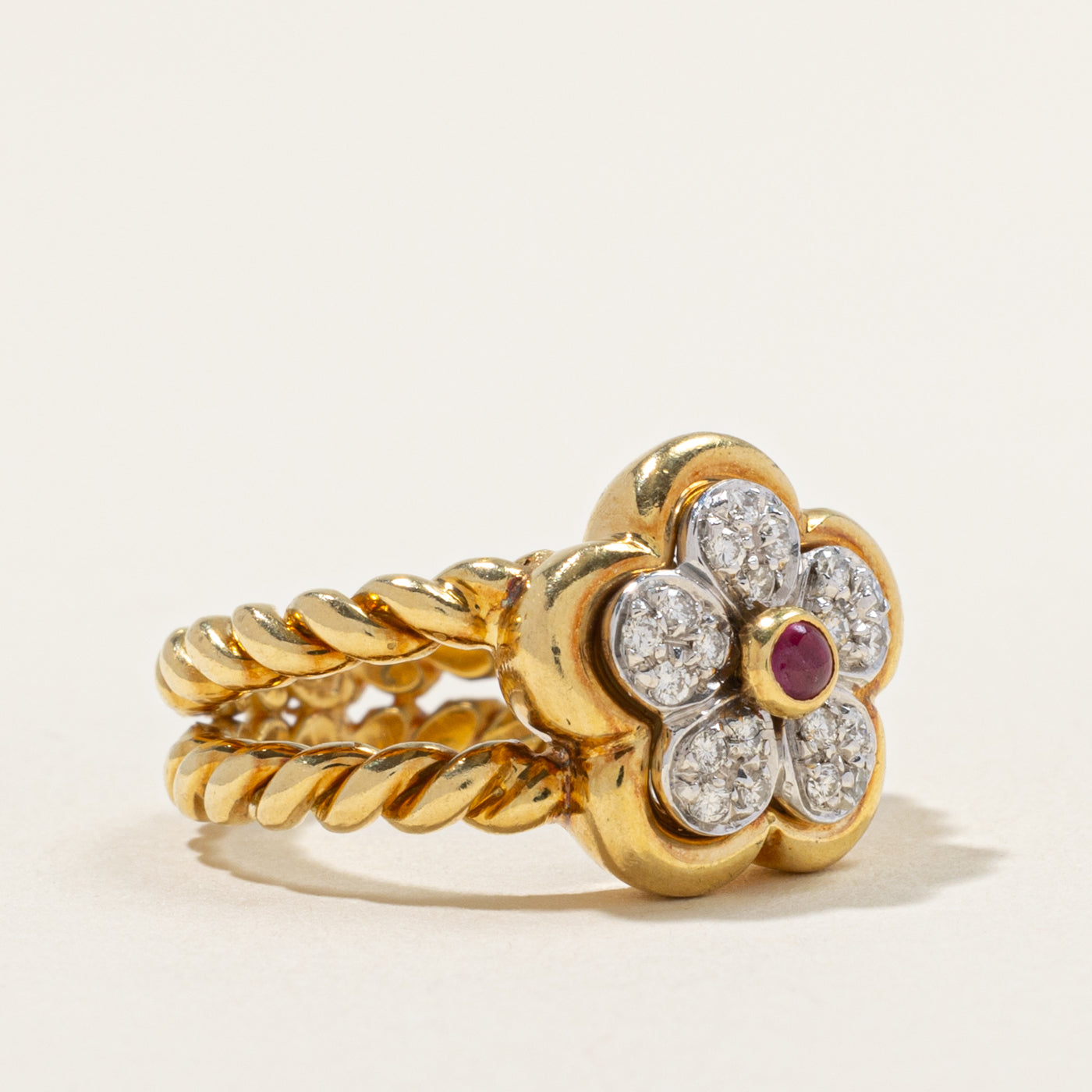 18k Ruby & Diamond Cluster Rope Flower Ring | 0.10ct, 0.20ctw | SZ 6.75