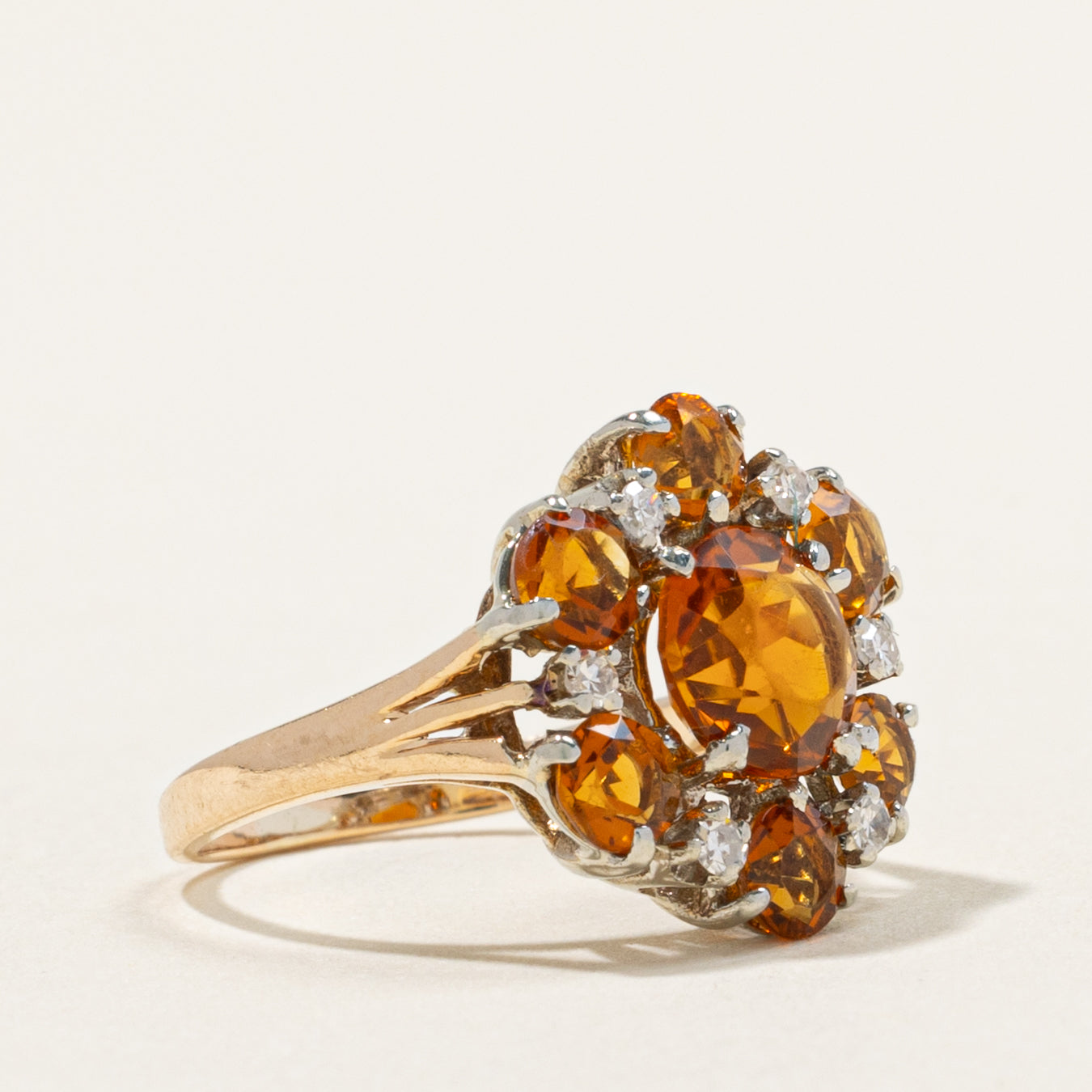 14k Citrine & Diamond Floral Cluster Cocktail Ring | 2.35ctw, 0.06ctw | SZ 3.25