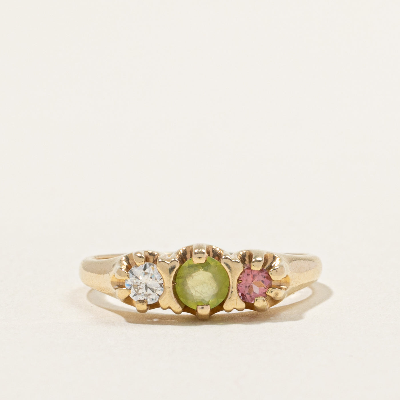 14k Belcher Set Peridot, Diamond & Tourmaline Ring | 0.29ctw, 0.08ct | SZ 4.75