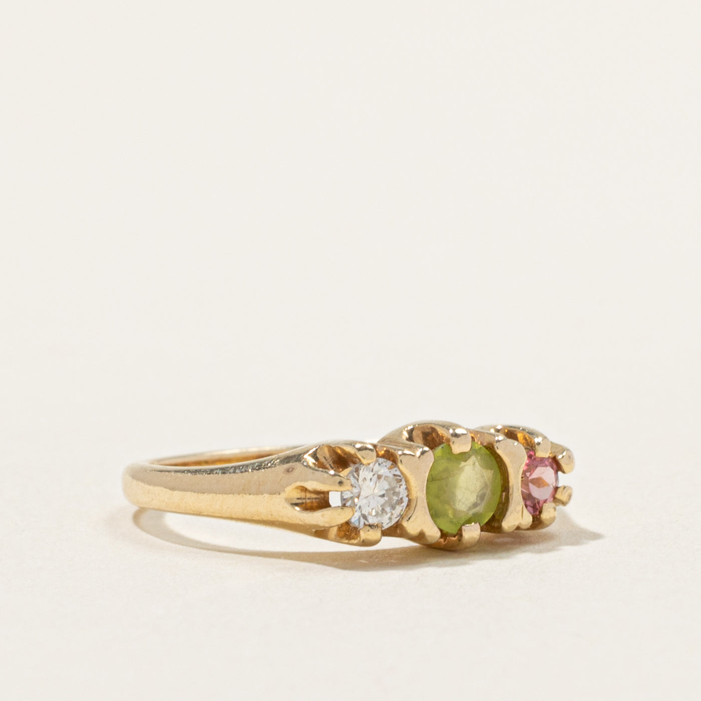 14k Belcher Set Peridot, Diamond & Tourmaline Ring | 0.29ctw, 0.08ct | SZ 4.75
