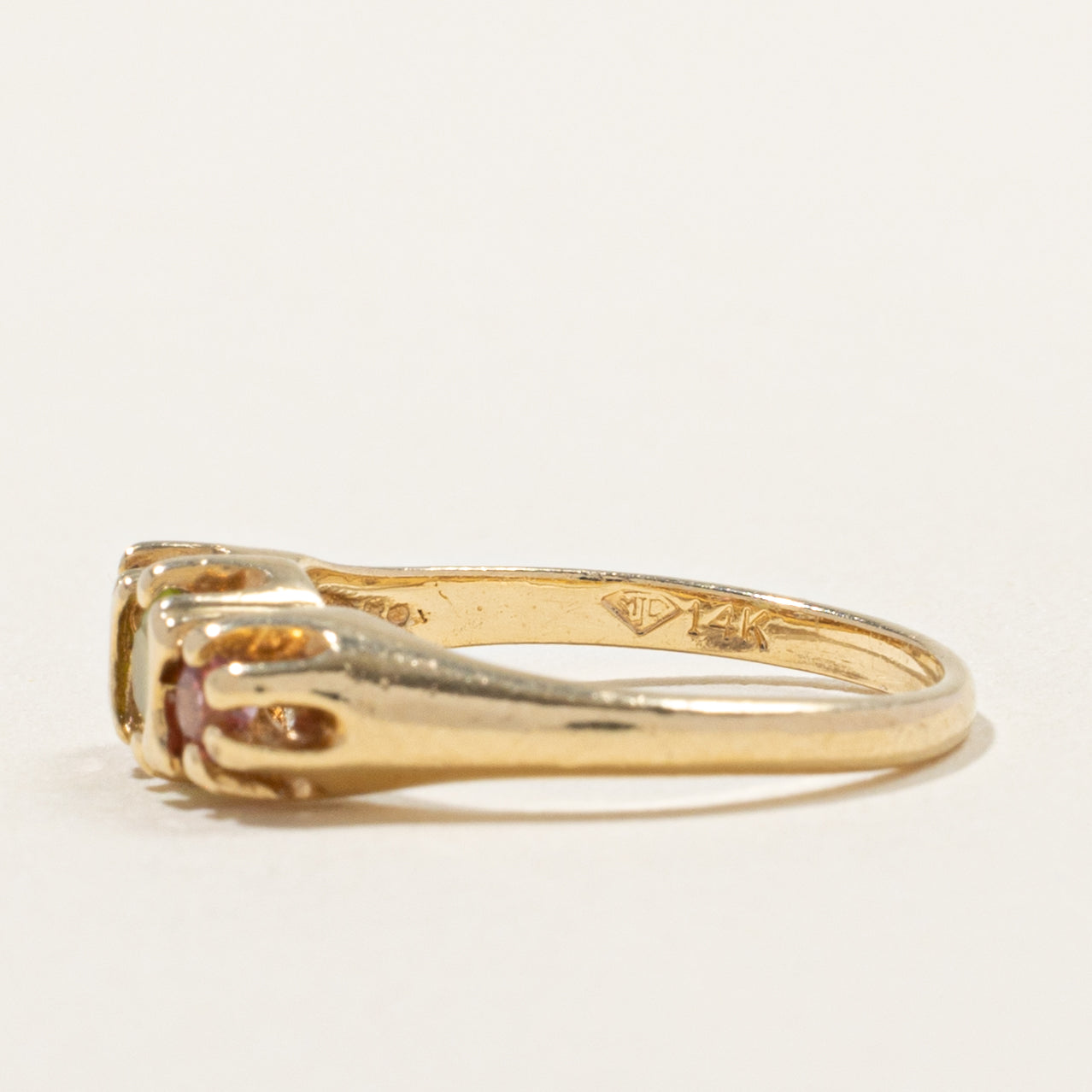 14k Belcher Set Peridot, Diamond & Tourmaline Ring | 0.29ctw, 0.08ct | SZ 4.75