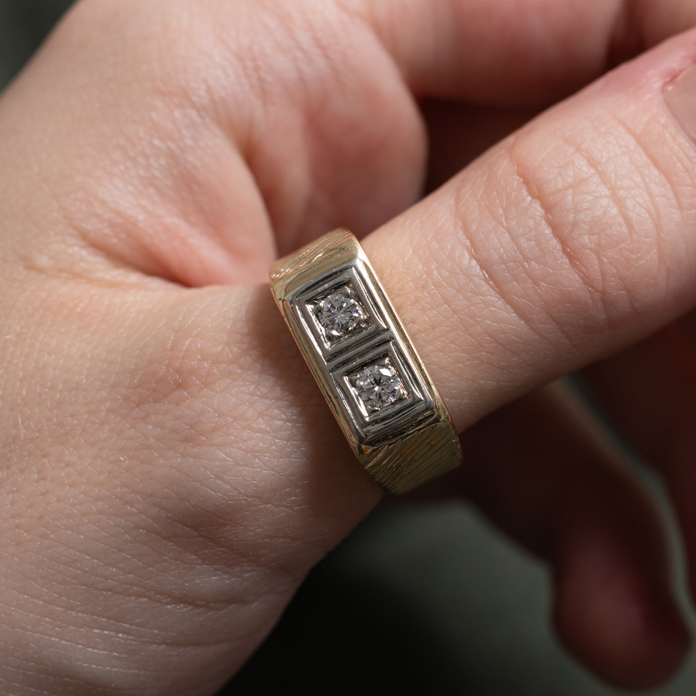 14k Two Stone Diamond Textured Signet Ring | 0.26ctw | SZ 8.25