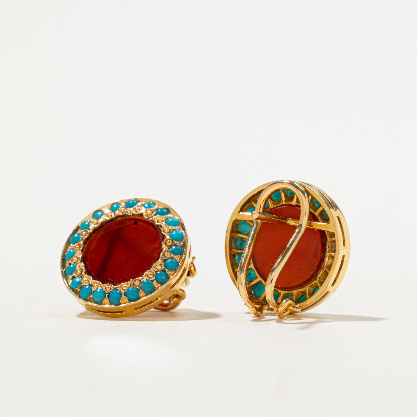 20k Carnelian & Turquoise Halo Latchback Earrings | 2.80ctw, 1.00ctw