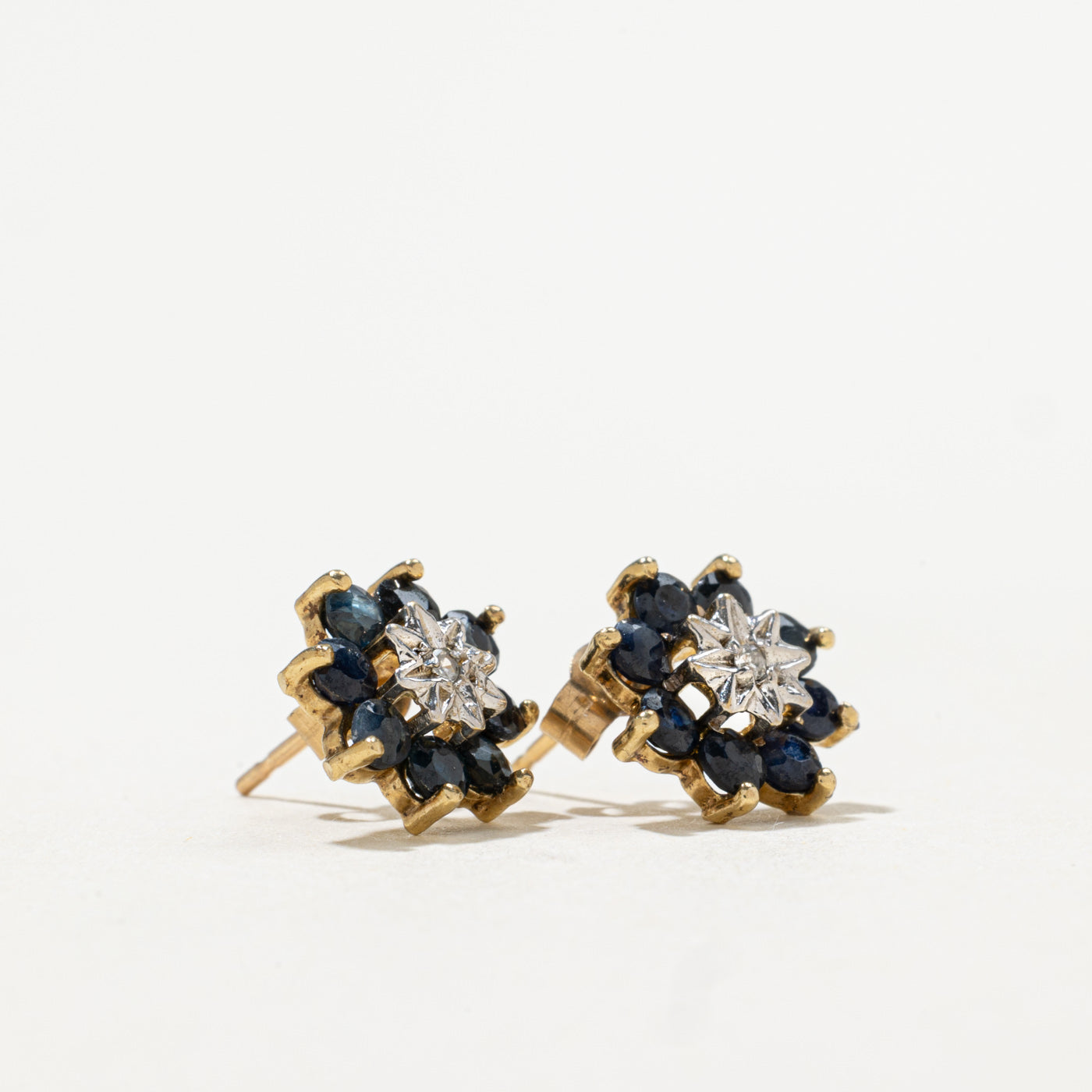 10k Sapphire & Diamond Petal Cluster Earrings | 0.89ctw, 0.01ctw