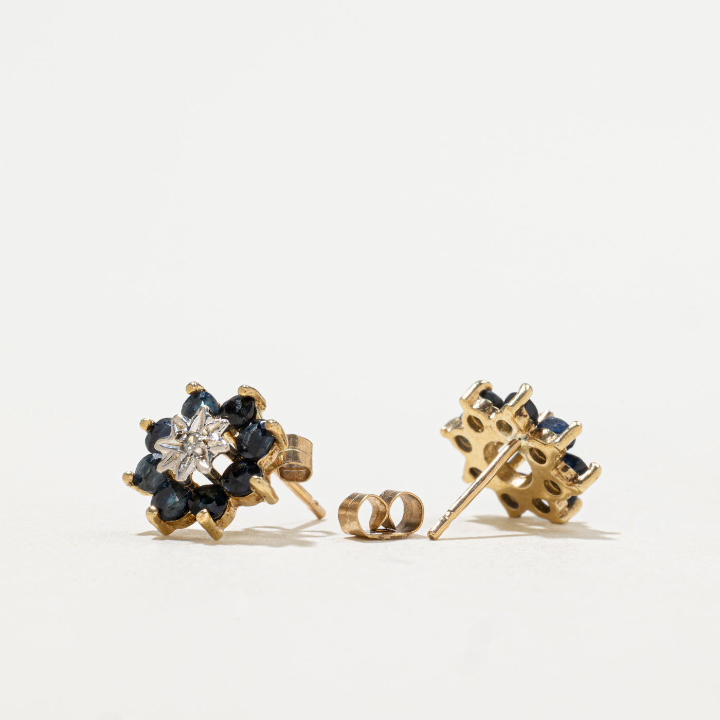10k Sapphire & Diamond Petal Cluster Earrings | 0.89ctw, 0.01ctw