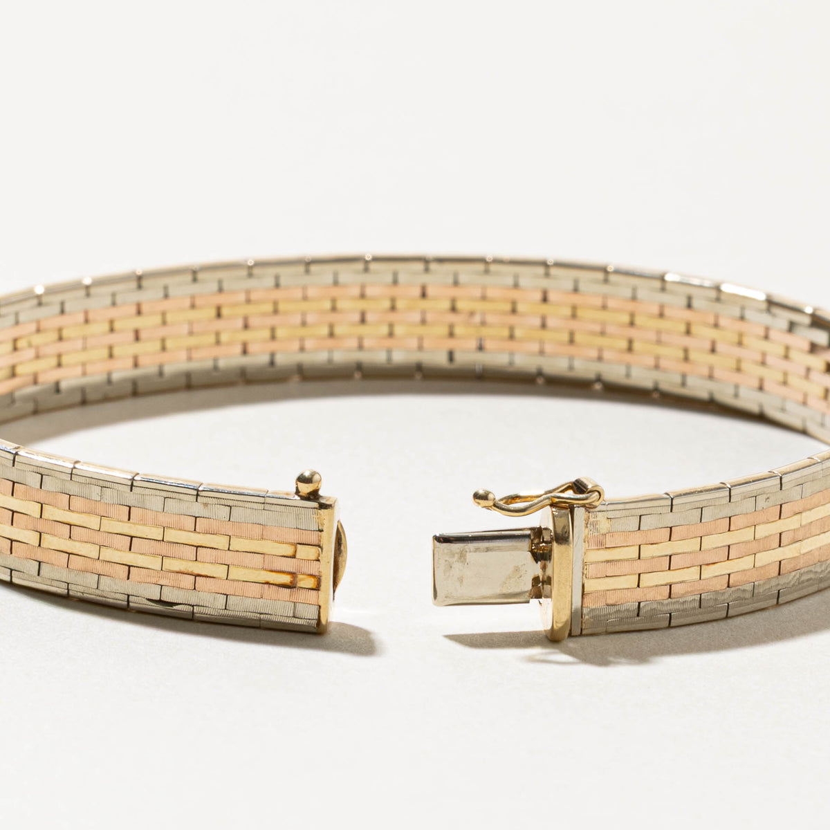 14k Tri Tone Gold Watch Style Flat Link Chain Bracelet | 8.50mm | 7"