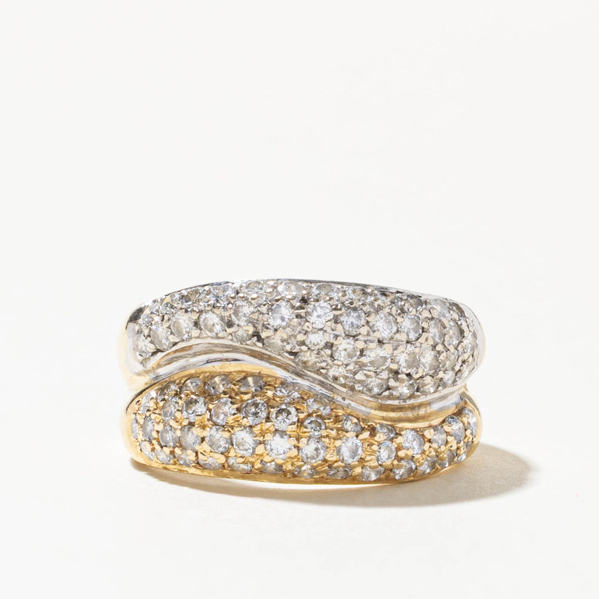 14k Two Tone Pave Set Diamond Wave Dome Ring | 0.85ctw | SZ 7