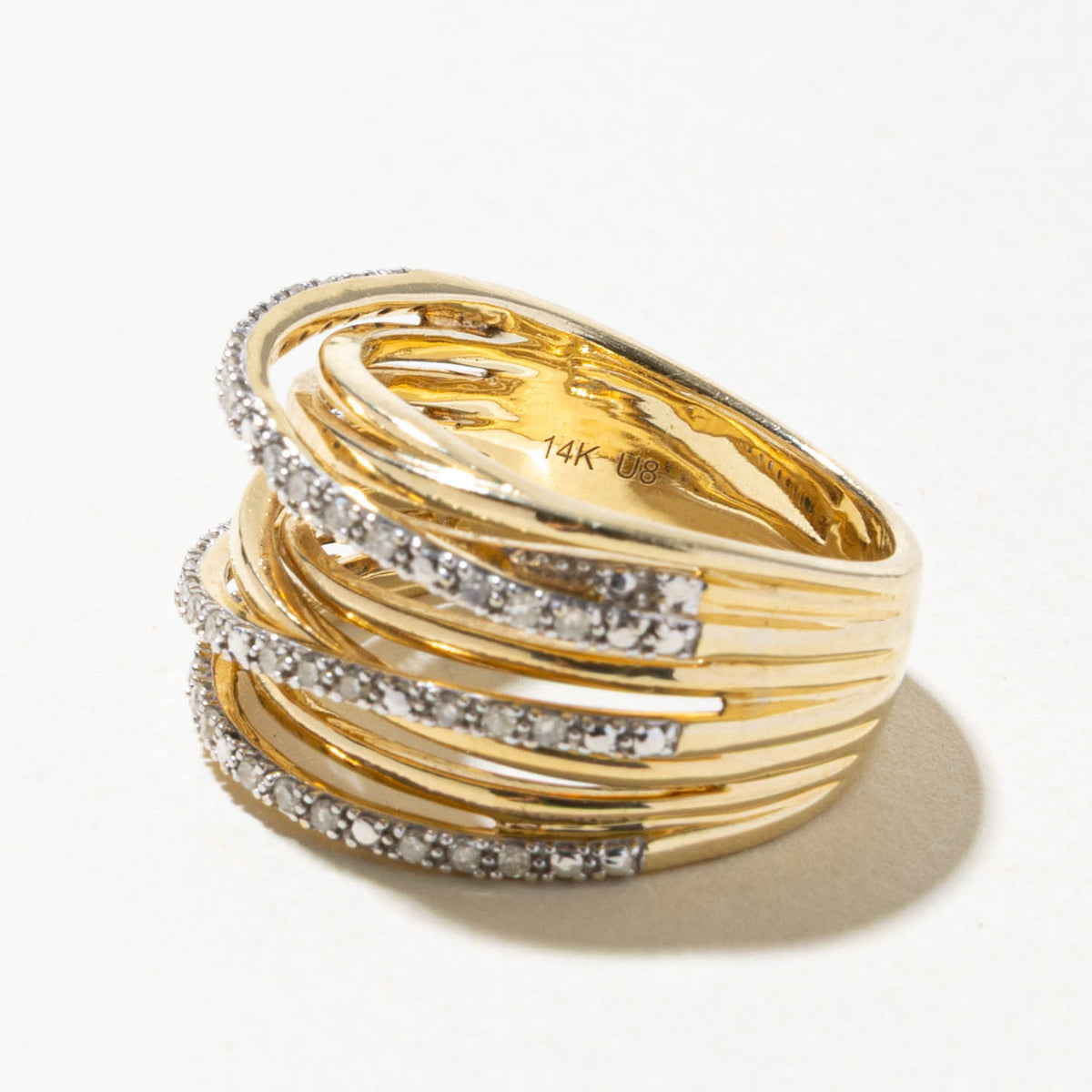 14k Multi Row Diamond Crossover Ring | 0.09ctw | SZ 6.75