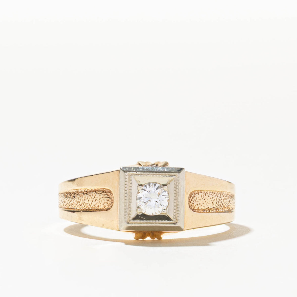 14k Solitaire Diamond Milgrain Textured Signet Ring | 0.22ct | SZ 10.25