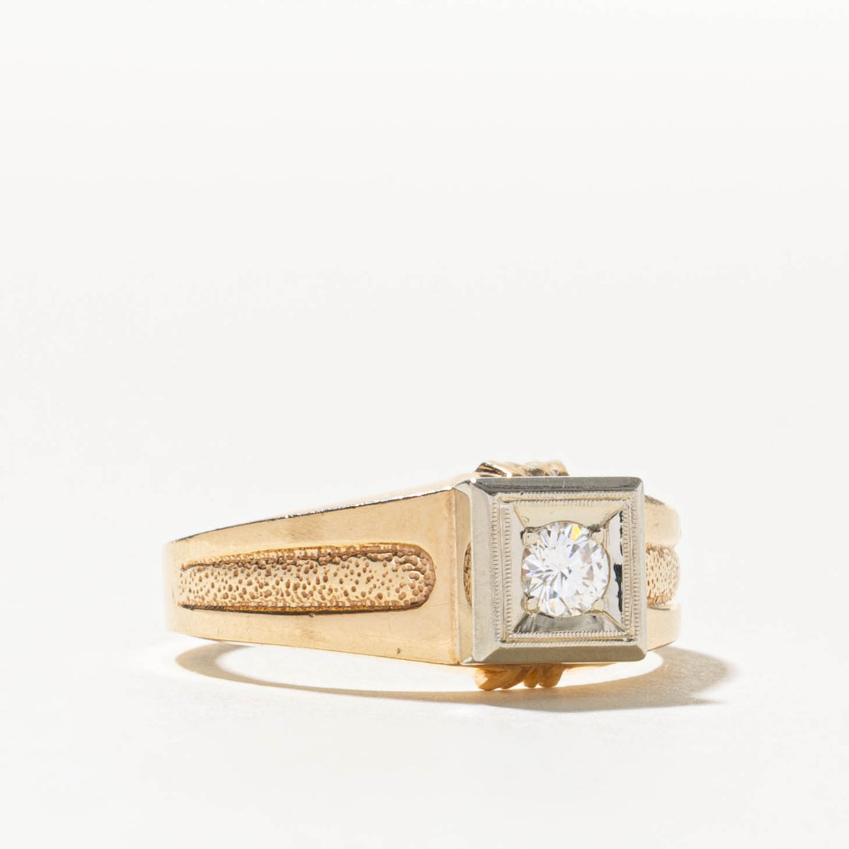 14k Solitaire Diamond Milgrain Textured Signet Ring | 0.22ct | SZ 10.25