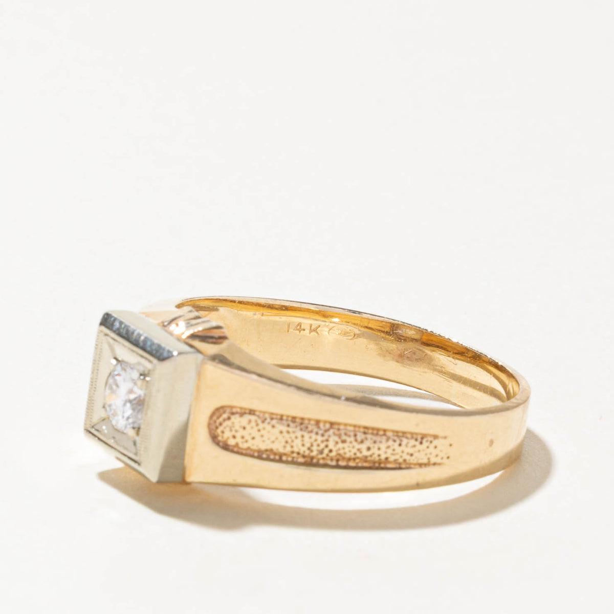 14k Solitaire Diamond Milgrain Textured Signet Ring | 0.22ct | SZ 10.25