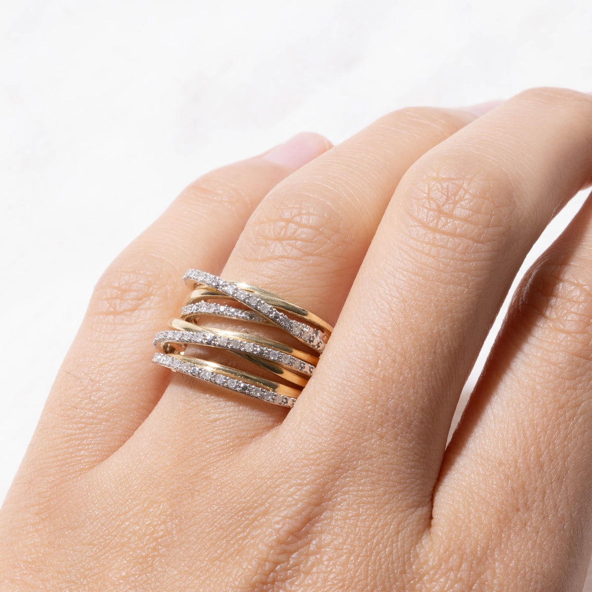 14k Multi Row Diamond Crossover Ring | 0.09ctw | SZ 6.75