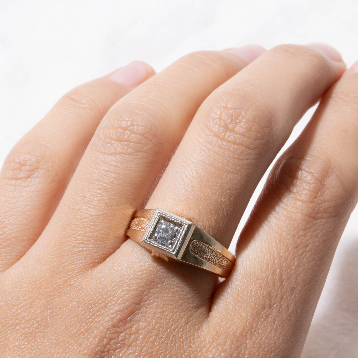 14k Solitaire Diamond Milgrain Textured Signet Ring | 0.22ct | SZ 10.25
