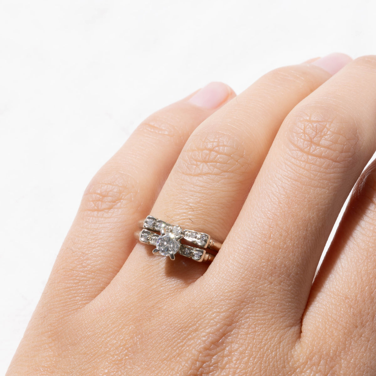 18k Diamond Accented Textured Soldered Wedding Ring Set | 0.33ct SI2 L, 0.008ctw | SZ 6.25