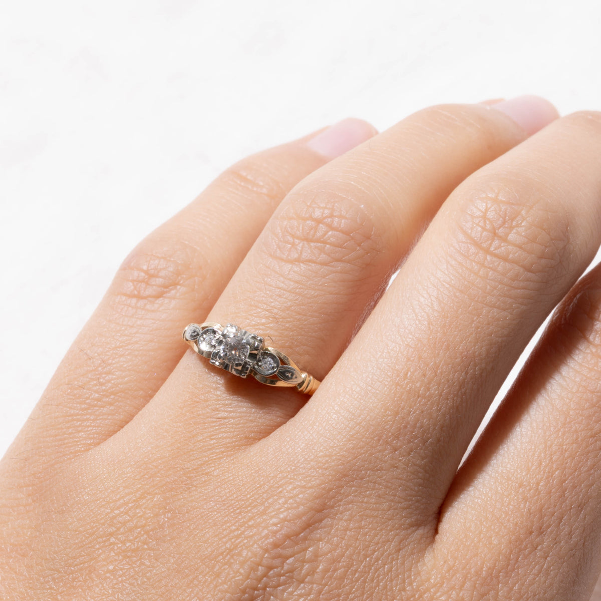 Two Tone Illusion Set Old European Cut Diamond Textured Ring | 0.16ctw | SZ 6.25