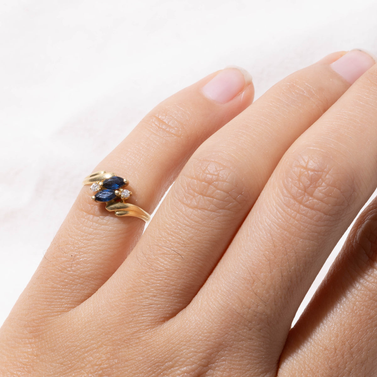 18k Two Stone Sapphire & Diamond Accented Grooved Bypass Ring | SZ 2.2