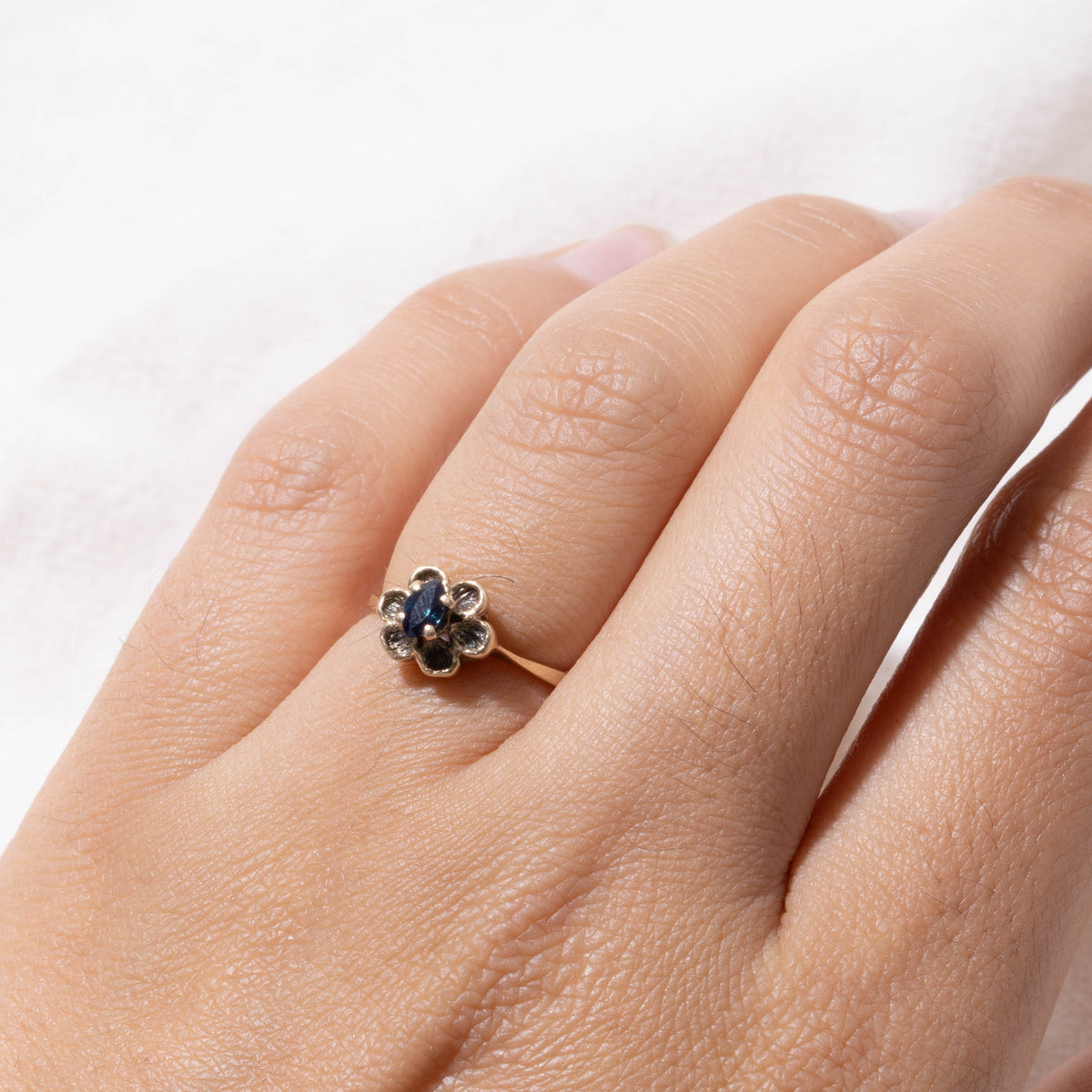 10k Marquise Cut Sapphire Textured Flower Ring | SZ 4.75