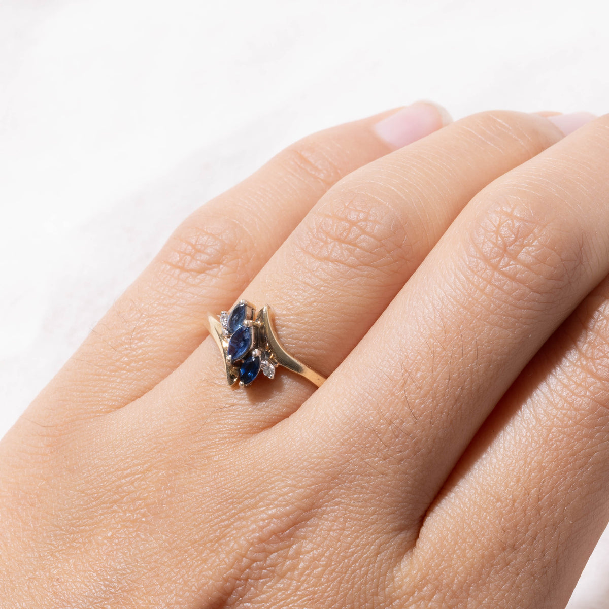 10k Three Stone Marquise Cut Sapphire & Diamond Bypass Ring | SZ 7.25