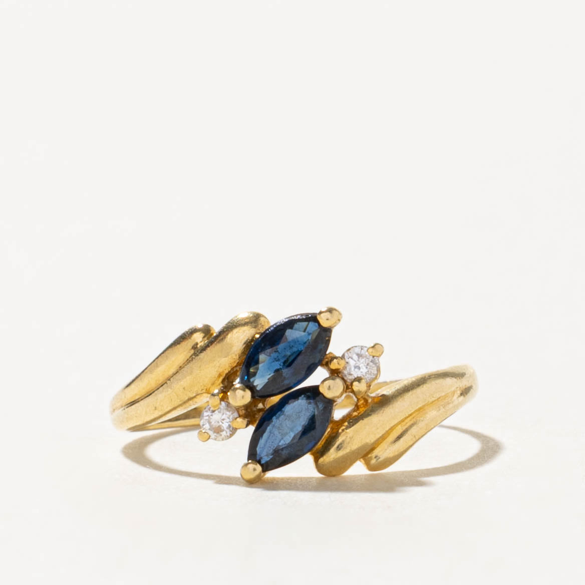 18k Two Stone Sapphire & Diamond Accented Grooved Bypass Ring | SZ 2.25